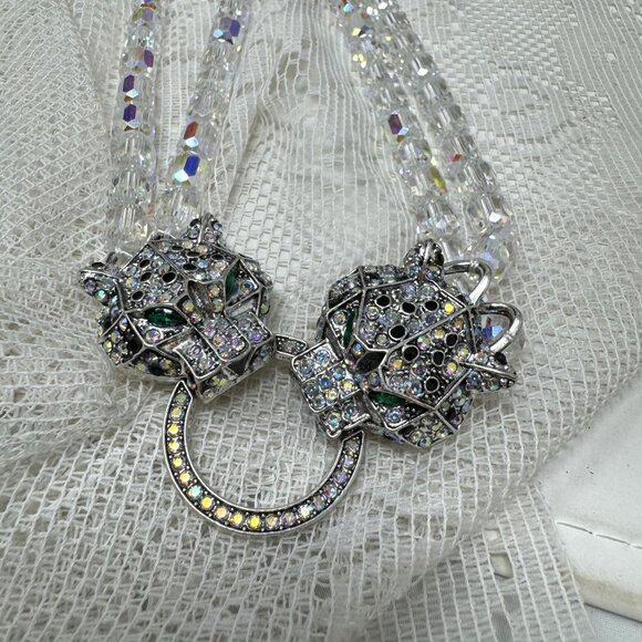 Vintage Rhinestone Panther Clasp Clear Crystal Bead Necklace - Picture 10 of 13